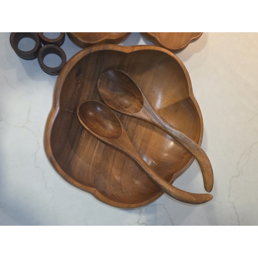 Vtg Monkey Pod Wood Salad Bowl Set of 13 Handmade MOD Hawaiian